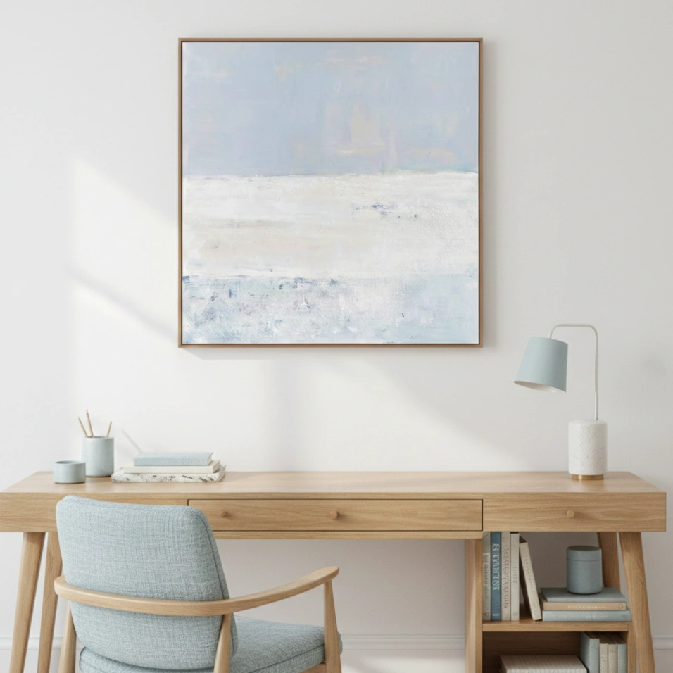 Arctic Calm Soft pastel layers abstract art (1.5) Minimalist landscape hand-painted canvas in soft blue and cream tones with layered horizons, contemporary workspace