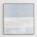 Minimalist abstract hand-painted canvas with layered horizon in soft blues, whites, and sandy tones, contemporary living space