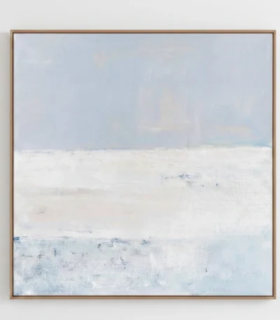 Minimalist abstract hand-painted canvas with layered horizon in soft blues, whites, and sandy tones, contemporary living space