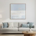 Minimalist abstract landscape hand-painted canvas in layered whites and soft blues, contemporary living space
