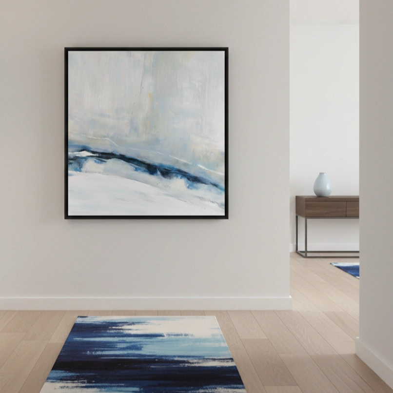 Arctic Drift White and indigo motion abstract wall decor (1.5) Layered abstract hand-painted canvas in soft whites, blues, and deep navy with gestural brushstrokes, contemporary interior
