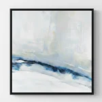 Layered abstract hand-painted canvas with gestural brushstrokes in cool blues, whites, and soft neutrals, contemporary living space