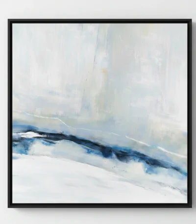 Layered abstract hand-painted canvas with gestural brushstrokes in cool blues, whites, and soft neutrals, contemporary living space
