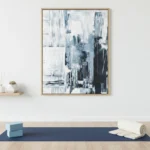 Gestural abstract hand-painted canvas in layered navy, slate and cream with dynamic vertical brushstrokes, modern living space