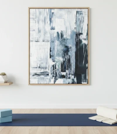 Gestural abstract hand-painted canvas in layered navy, slate and cream with dynamic vertical brushstrokes, modern living space