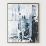 Layered abstract hand-painted canvas in cool grays and whites with gestural brushstrokes and vertical streaking, contemporary living space