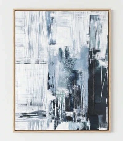 Layered abstract hand-painted canvas in cool grays and whites with gestural brushstrokes and vertical streaking, contemporary living space
