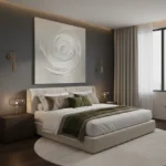 Textured abstract hand-painted canvas featuring gestural white spiral brushstrokes on cream, contemporary bedroom