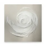 Textured abstract hand-painted canvas featuring concentric spiral forms in soft whites and grays, minimalist aesthetic