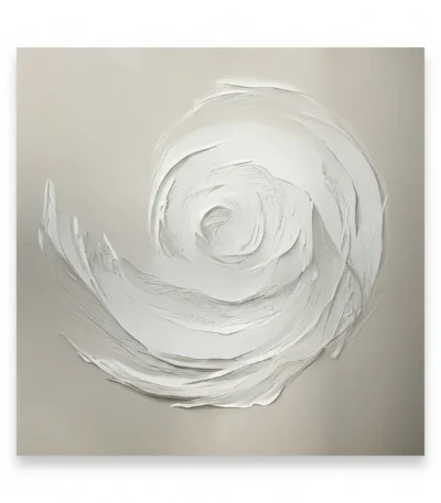 Textured abstract hand-painted canvas featuring concentric spiral forms in soft whites and grays, minimalist aesthetic