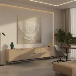 Textured abstract hand-painted canvas featuring a spiral composition in cream and soft grey tones, contemporary living space