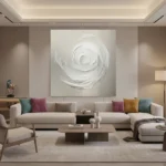Gestural abstract hand-painted canvas with swirling white brushstrokes forming a circular spiral composition in monochromatic tones, contemporary living space