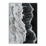 Monochromatic abstract hand-painted canvas with dramatic contrasting light and dark halves, textured gestural brushwork throughout