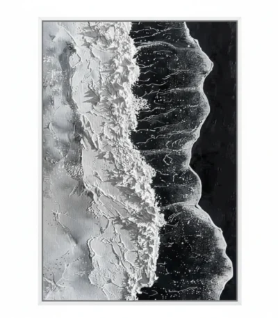 Monochromatic abstract hand-painted canvas with dramatic contrasting light and dark halves, textured gestural brushwork throughout