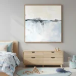 Abstract landscape hand-painted canvas depicting horizon line in cool blues and grays, contemporary bedroom setting