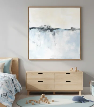 Abstract landscape hand-painted canvas depicting horizon line in cool blues and grays, contemporary bedroom setting