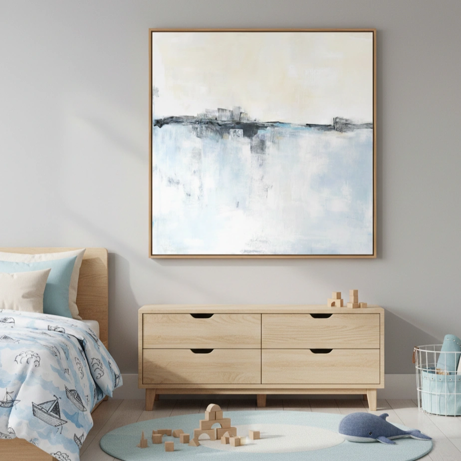 Atmospheric Drift Soft layered brushstrokes Abstract art (1.5) Abstract landscape hand-painted canvas depicting horizon line in cool blues and grays, contemporary bedroom setting
