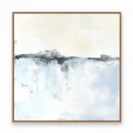 Layered abstract landscape hand-painted canvas in soft blues, grays and whites with gestural horizon line, contemporary living space
