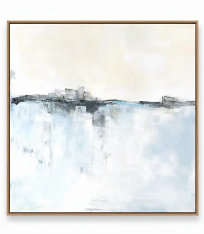 Layered abstract landscape hand-painted canvas in soft blues, grays and whites with gestural horizon line, contemporary living space