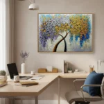 Textured abstract hand-painted canvas depicting a stylized tree with gold, silver, and purple foliage against blue sky, contemporary office space