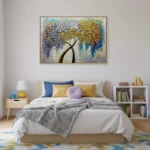 Textured abstract hand-painted canvas of a tree with cascading multicolored foliage in gold, purple, and blue tones, modern bedroom