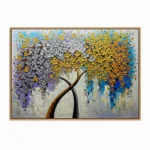 Textured contemporary hand-painted canvas depicting a stylized tree with silver and gold leaf circular foliage against blue and purple gradient background