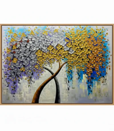 Textured contemporary hand-painted canvas depicting a stylized tree with silver and gold leaf circular foliage against blue and purple gradient background