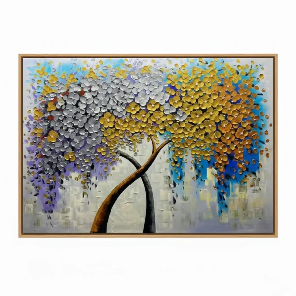 Textured painting of a two-trunked tree with a canopy of gold, silver and purple metallic blooms, light wood frame