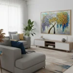 Textured abstract hand-painted canvas depicting a weeping tree with golden, blue, and purple foliage in contemporary living space