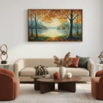 Impressionist landscape hand-painted canvas depicting autumn trees framing a serene lake in warm golden and blue tones, contemporary living space