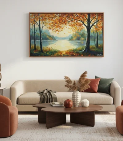 Impressionist landscape hand-painted canvas depicting autumn trees framing a serene lake in warm golden and blue tones, contemporary living space
