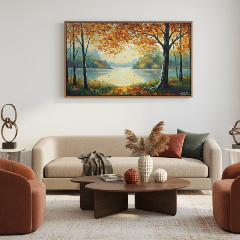 Autumnal Reflection Lakeside Landscape color art (1.5) Impressionist landscape hand-painted canvas depicting autumn trees framing a serene lake in warm golden and blue tones, contemporary living space