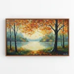Contemporary landscape hand-painted canvas depicting autumn lakeside scene with golden foliage and reflecting water, warm ochre and blue tones