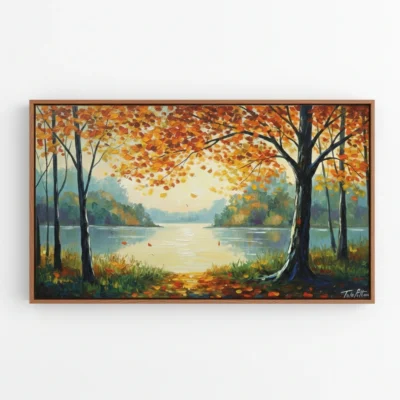 Contemporary landscape hand-painted canvas depicting autumn lakeside scene with golden foliage and reflecting water, warm ochre and blue tones
