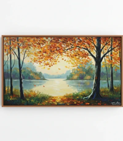 Contemporary landscape hand-painted canvas depicting autumn lakeside scene with golden foliage and reflecting water, warm ochre and blue tones