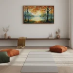Impressionist landscape painting depicting autumn trees framing a serene lake vista in warm golden and blue tones, yoga studio setting