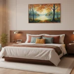 Impressionist landscape hand-painted canvas depicting autumnal trees framing serene lakeside vista in golden and teal tones, modern bedroom