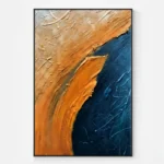 Gestural abstract hand-painted canvas with flowing organic forms in warm ochre and deep navy tones