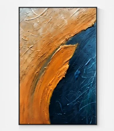 Gestural abstract hand-painted canvas with flowing organic forms in warm ochre and deep navy tones