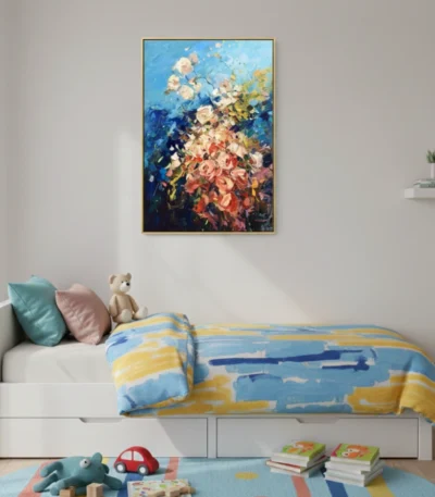 Gestural abstract hand-painted canvas with cascading florals in cream, coral, and deep blue tones, child's bedroom setting