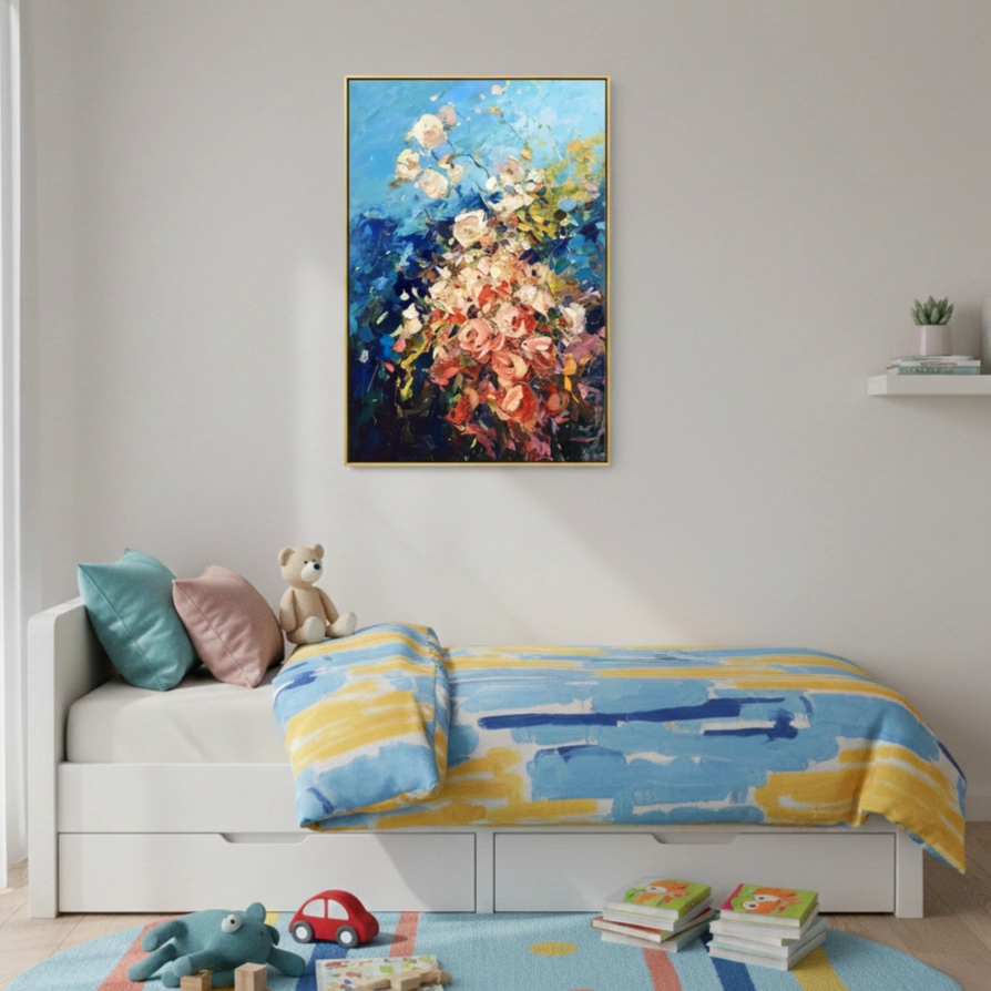 Azure Bloom Expressionist Floral Oil Painting Abstract art (1.5) Gestural abstract hand-painted canvas with cascading florals in cream, coral, and deep blue tones, child's bedroom setting