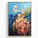 Gestural abstract hand-painted canvas depicting cascading roses transitioning from cream to coral and deep navy, layered in expressive brushstrokes