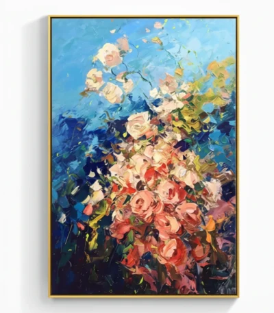 Gestural abstract hand-painted canvas depicting cascading roses transitioning from cream to coral and deep navy, layered in expressive brushstrokes