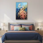 Layered abstract hand-painted canvas with gestural floral composition in deep blues, coral, and cream tones, modern bedroom setting