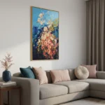 Gestural abstract expressionist hand-painted canvas in layered blues, creams, and coral tones, contemporary living space