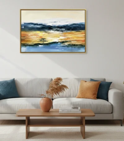 Impressionist landscape hand-painted canvas depicting golden sunset over tranquil water with solitary tree, blue and ochre tones, contemporary living space