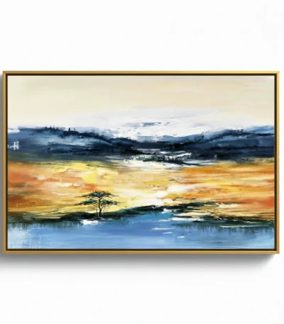 Layered abstract landscape hand-painted canvas in warm golds and cool blues with solitary tree, contemporary living space
