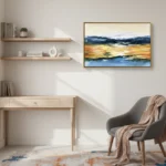 Contemporary landscape hand-painted canvas depicting golden sunset over blue water with solitary tree, warm ochre and cool blue palette, modern living space