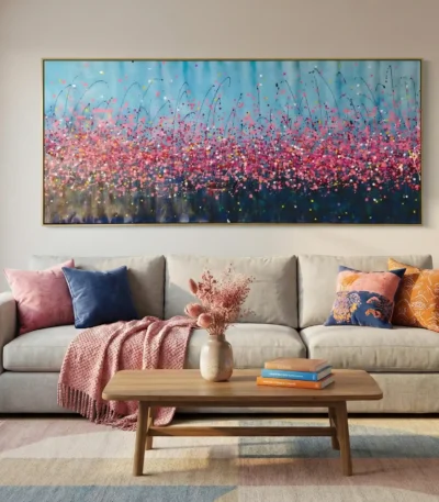 Gestural abstract hand-painted canvas with cascading pink florals and arching stems, layered against cool blue and dark tones, contemporary living space