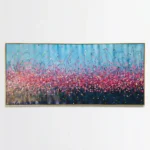 Gestural abstract hand-painted canvas depicting wildflower meadow in vibrant pink, magenta and deep navy with delicate brushstrokes, contemporary living space
